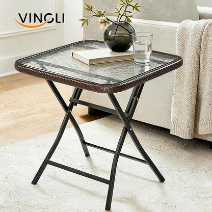 VINGLI 23.6in Modern Brown Rattan Folding Glass Outdoor Side Table, Small Patio Table with Tempered Glass Top,Rectangular,1 Pack