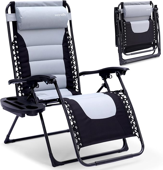 SereneLife Padded Zero Gravity Lounge Chair - Reclining Patio Chairs - Outdoor Lounge Chairs with Detachable Cup Holder Tray - Folding Recliner Chair with Removable Pillows - 1, Gray and Black