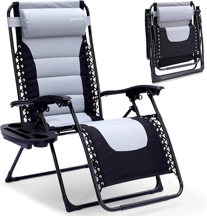 SereneLife Padded Zero Gravity Lounge Chair - Reclining Patio Chairs - Outdoor Lounge Chairs with Detachable Cup Holder Tray - Folding Recliner Chair with Removable Pillows - 1, Gray and Black