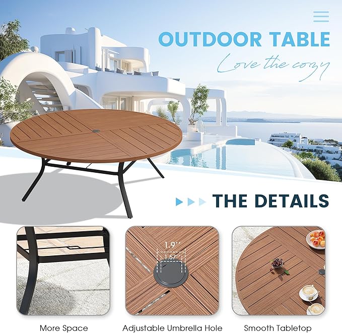 Patio Dining Table for 8-10, Round Metal Outdoor Table with Storage Shelf, 1.57" Umbrella Hole, 63" Outdoor Quartered Tabletop Dining Table for Backyard, Porch, Lawn, Walnut