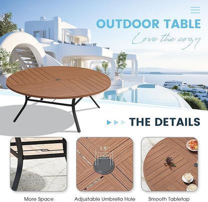 Patio Dining Table for 8-10, Round Metal Outdoor Table with Storage Shelf, 1.57" Umbrella Hole, 63" Outdoor Quartered Tabletop Dining Table for Backyard, Porch, Lawn, Walnut