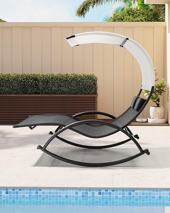 Crestlive Products Outdoor Double Chaise Lounge Chair with Canopy & Wheels, 2 Person Patio Rocking Lounge Chair with Sun Shade & Headrests for Garden, Backyard, Poolside (Black)