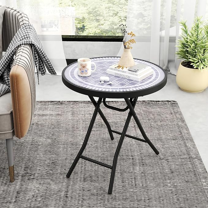 Giantex Folding Outdoor Side Table with Tempered Glass Tabletop & Metal Frame, Portable 18” Round End Table for Patio - Photo 2