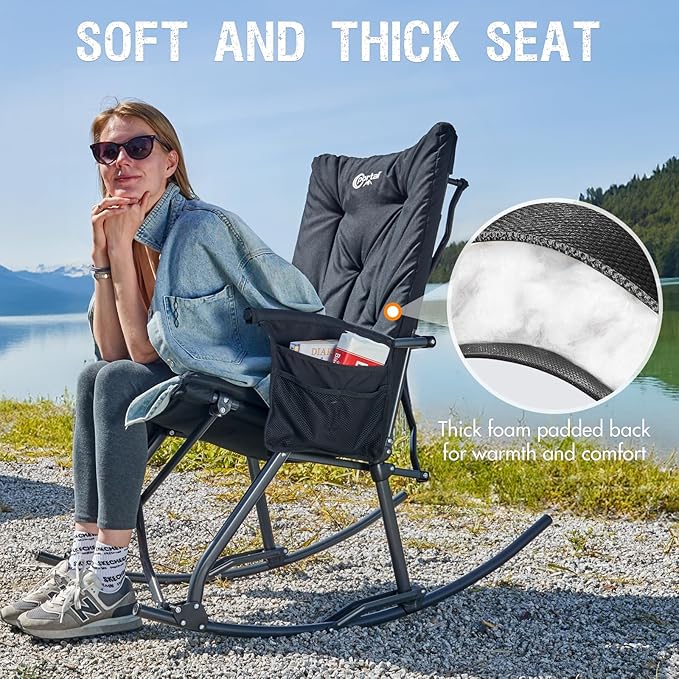 Portal Folding Rocking Camping Chair Outdoor - Thick Padded Rocking Recliner Chair Portable Camping Rocker for Patio Front Porch Backyard Lawn Living Room, Supports 400 LBS