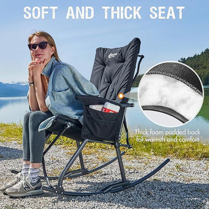 Portal Folding Rocking Camping Chair Outdoor - Thick Padded Rocking Recliner Chair Portable Camping Rocker for Patio Front Porch Backyard Lawn Living Room, Supports 400 LBS