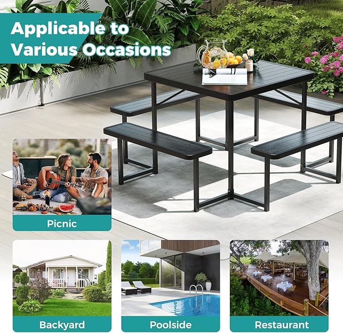Giantex Picnic Table Bench Set for 4-8 People, 34" Outdoor Square Dining Table & 2 Benches w/Umbrella Hole - Photo 8
