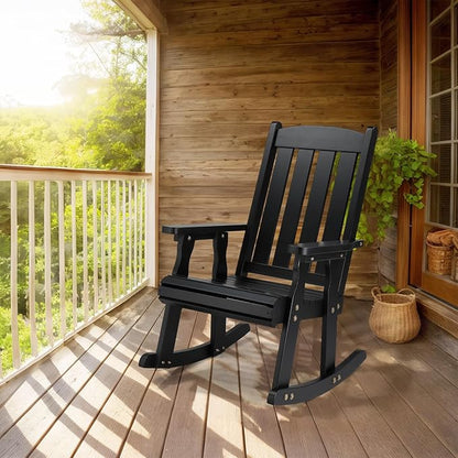 VINGLI Outdoor Rocking Chair, Heavy Duty 600 LBS Wooden Rocking Bench with Comfortable Backrest, Weatherproof Patio Rocker with Ergonomic Design, Wood Rocking Chair for Patio, Garden (Black, 1PC)