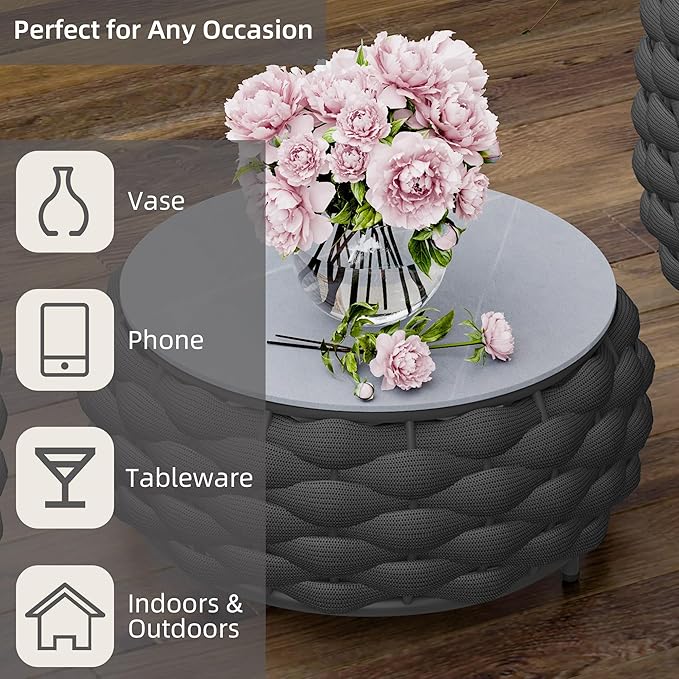 Round Coffee Table for Indoor & Outdoor Use, Aluminum Patio Furniture with Handwoven Ropes, Weather-Resistant for Garden - Photo 5
