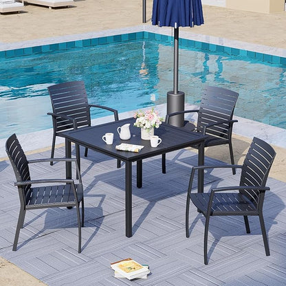 Patio Table for 4, Metal Outdoor Dining Table with E-Coating, Square Steel Slated Outdoor Table with 1.57" Umbrella Hole for Garden Backyard, Black