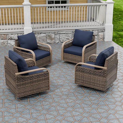 Modern Wicker Outdoor Swivel Rocking Chairs, Rattan Glider Rocker Chairs Patio Armchairs for Backyard, Deck, Porch, Garden, 4 Pieces, Brown/Blue