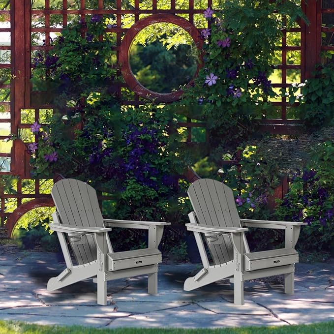 Folding Adirondack Chairs Set of 2, HDPE Wooden Textured Plastic Adirondack Chairs - Photo 2