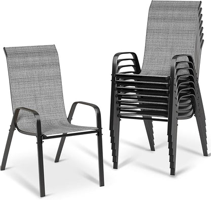 MAMIZO Patio Dining Chairs, Stackable All Weather Teslin Chair, Heavy Duty Outdoor Breathable Chairs Set, w/Armrests, Upgraded Chair FeetW/Strenthened Iron Spacers, 330 LBS (8, Grey)