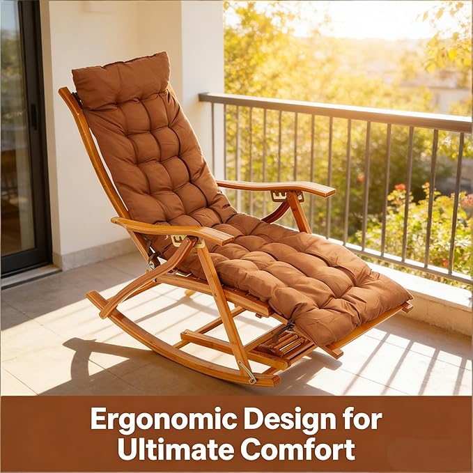 Folding Bamboo Rocking Chair, Adjustable Back Patio Reclining Chair with Headrest Pillow - Photo 4