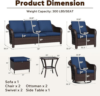 8 Piece Patio Wicker Conversation Set, All-Weather Use Outdoor Wicker Sofa with 2 PE Rattan Ottomans,2 Chair, 2 Swivel Chair, 1 Side Table, Ideal for Porch, Backyard, Balcony, Poolside, Blue