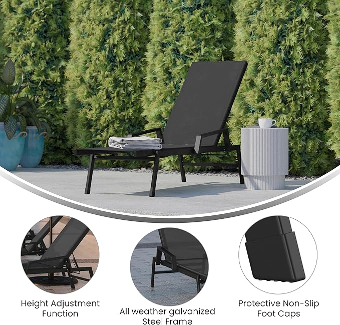 EMMA + OLIVER Braelin Adjustable Patio Chaise Lounge - Black Textilene Seat - 5 Recline Positions - Metal Frame - All-Weather