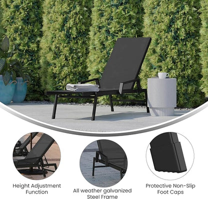 EMMA + OLIVER Braelin Adjustable Patio Chaise Lounge - Black Textilene Seat - 5 Recline Positions - Metal Frame - All-Weather