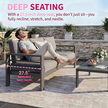 Kiss the Water Outdoor Couch Aluminum Patio Furniture Sofa, 3 Seat All-Weather Metal Patio Couch with 5" Thick and Soft Cushion and Wide Arm, Outdoor Sofa for Balcony, Porch