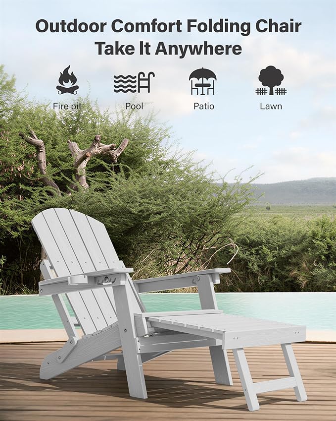 YEFU Adjustable Adirondack Chair with Retractable Ottoman Set of 6,Folding Adirondack Chair with Cup-Holder, Outdoor Chairs with Footrest,Weather Resistant Fire Pit Chairs,for Patio Lawn