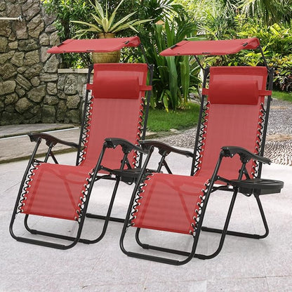 MoNiBloom Patio Zero Gravity Chair Outdoor Recliner Lounger with Canopy Shade and Foot Rest, Cup Holder, 330lbs Capacity, Maroon
