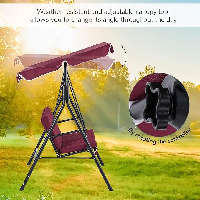 Outsunny 3-Seat Outdoor Patio Swing Chair with Removable Cushion, Steel Frame Stand and Adjustable Tilt Canopy for Patio - Photo 3