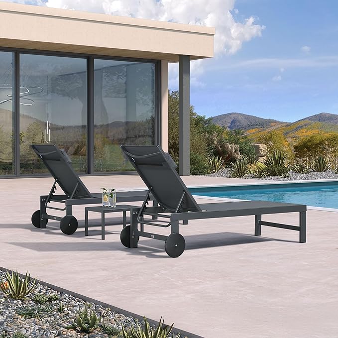 PURPLE LEAF Patio Lounge Chair Set Outdoor Chaise Lounger Aluminum Frame with 2 Side Table and Wheels for Pool Outside Sunbathing Tanning Recliner Including Pillows Gray