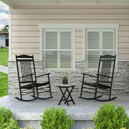 MUPATER Outdoor Rocking Chair Sets 3-Piece, Bistro Table and Chairs Set of 2,Patio Wooden Rocker Bistro Set with Foldable Table and Curved Seat,Black