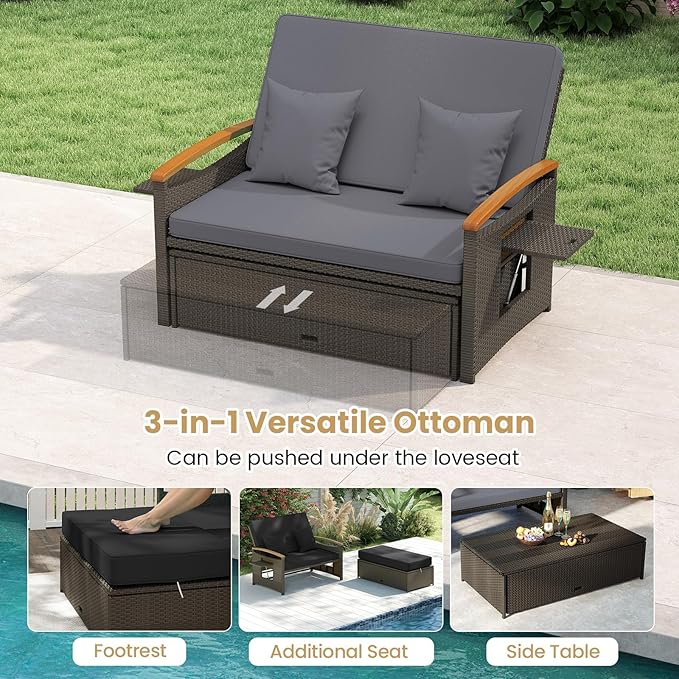 Tangkula Patio Rattan Daybed with 4-Level Adjustable Backrest, Outdoor Wicker Loveseat with Acacia Wood Armrest - Photo 7