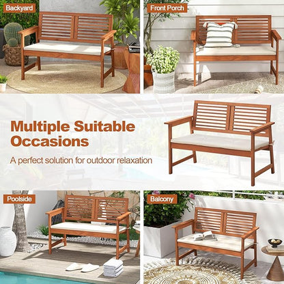 HAPPYGRILL Outdoor Wood Bench Patio Solid Wood Loveseat with Comfortable Backrest & Cushions, Breathable Slatted Seat, Outside Loveseat Chair for Balcony Porch Garden