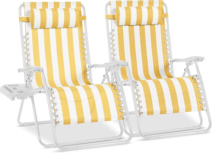 Best Choice Products Set of 2 Extra Wide Adjustable Steel Mesh Zero Gravity Lounge Chair Recliners w/Pillows and Cup - Photo 1