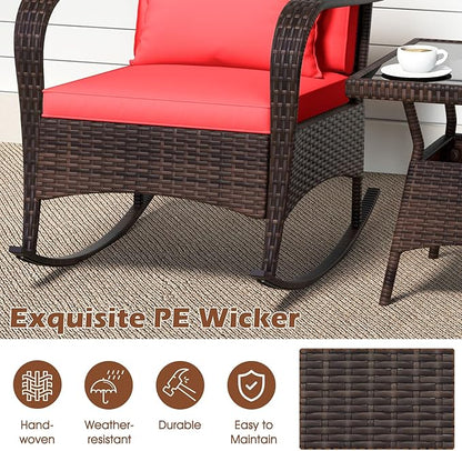 ORALNER 3 Pieces Patio Furniture Set, Outdoor Wicker Rocking Chairs with Cushions, Pillows, Glass Coffee Table, Rattan Bistro Rocker Set for Balcony Front Porch Poolside Garden Deck Yard (Red)