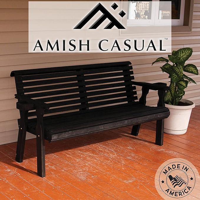 Amish Casual Heavy Duty Pressure Treated 5 Foot Outdoor Garden Bench with Cup Holders - Amish Crafted Roll Back Design in Black Stain, 700 Lb Weight Capacity