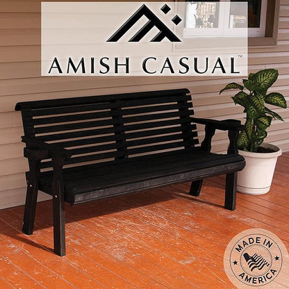 Amish Casual Heavy Duty Pressure Treated 5 Foot Outdoor Garden Bench with Cup Holders - Amish Crafted Roll Back Design in Black Stain, 700 Lb Weight Capacity