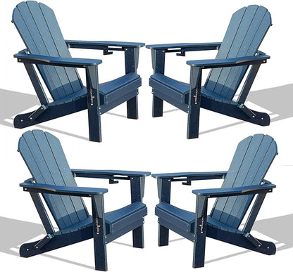 Domi Folding Adirondack Chairs Set of 4, HDPE All-Weather Outdoor Chairs with Cup Holder, Wooden Textured Fire Pit Chairs for Backyard, Patio, Poolside & Deck, Navy Blue