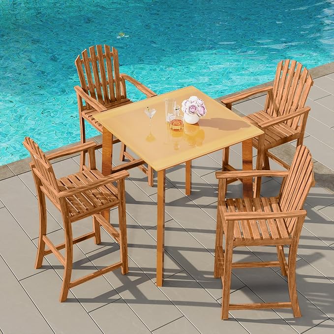 Tangkula Tall Adirondack Chair, Outdoor Acacia Wood Bar Stool with Back, Armrests and Footrest, Bar Height Patio Chair for Balcony, Porch, Deck and Backyard (2,Natural)