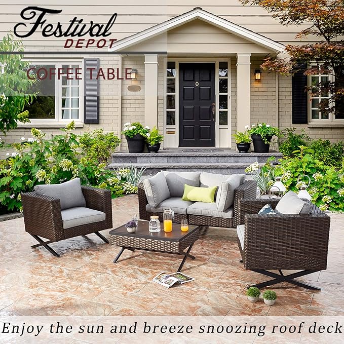Festival Depot Metal Outdoor Side Coffee End Table Patio Bistro Living Room Dining Table Wood Grain Top Wicker Rattan Furniture with X Shaped Steel Legs Brown Black (Rectangle)