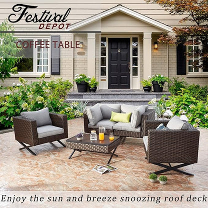Festival Depot Metal Outdoor Side Coffee End Table Patio Bistro Living Room Dining Table Wood Grain Top Wicker Rattan Furniture with X Shaped Steel Legs Brown Black (Rectangle)
