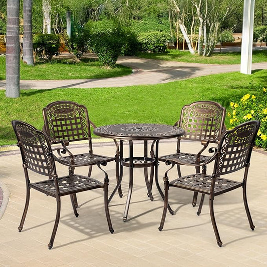 VINGLI Patio Chairs Set of 4 - Stackable Outdoor Cast Aluminum Dining Chairs with Vintage Bronze Finish and Plaid Pattern, Metal Armchairs for Poolside, Backyard, Balcony (No Cushion)