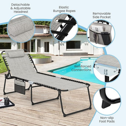 GYMAX Lounge Chair for Outside, 440lbs 27” Oversize Folding Beach Tanning Sunbath Chair with Adjustable Backrest & Removable Pillow, Lightweight Portable Patio Lounger for Lawn Poolside (1, Grey)