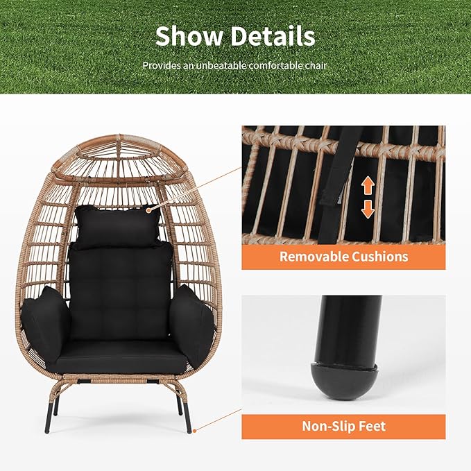 PayLessHere Egg Chair Egg Basket Rattan Chair Steel Frame Oversized Indoor Outdoor Lounger Simple Installation with 4 Comfort Cushion and Stand,352lb Capacity for Patio Garden Living Room，Black