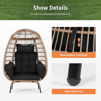 PayLessHere Egg Chair Egg Basket Rattan Chair Steel Frame Oversized Indoor Outdoor Lounger Simple Installation with 4 Comfort Cushion and Stand,352lb Capacity for Patio Garden Living Room，Black