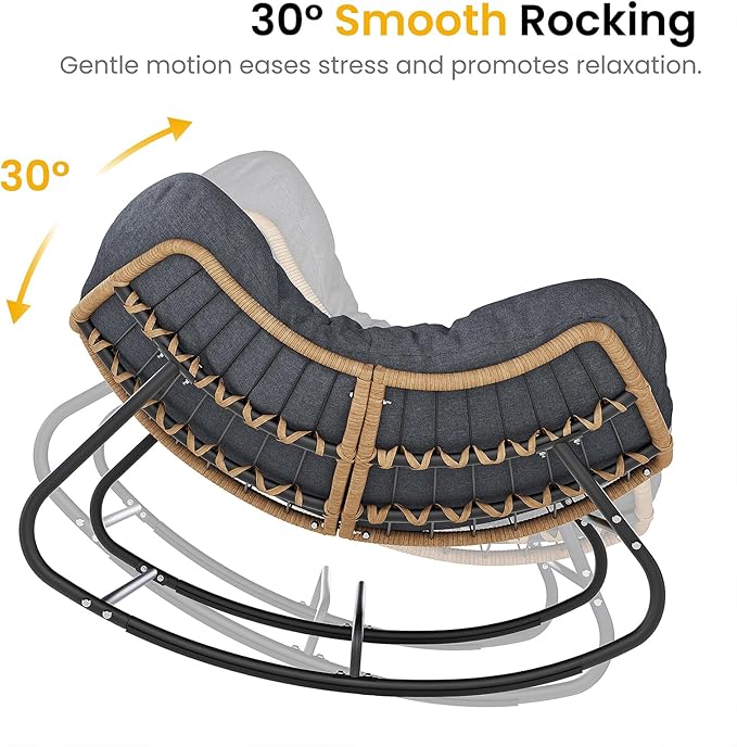 Oversized Papasan Rocking Chair Outdoor, Comfy Wicker Patio Papasan Egg Rocker with Thick Cushion for 450 lbs - Photo 8