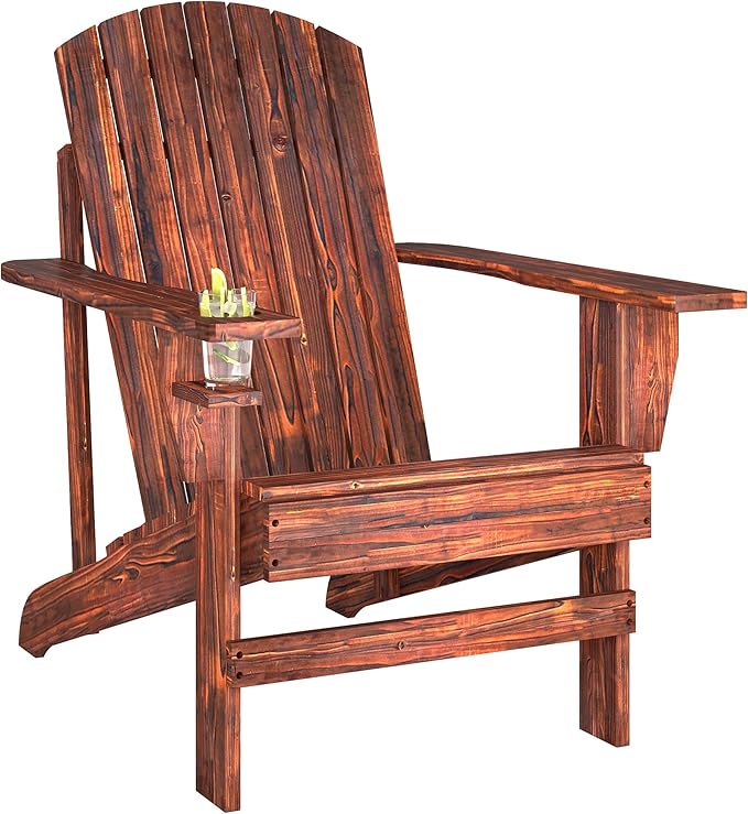 Outsunny Wooden Adirondack Chair, Outdoor Patio Lawn Chair with Cup Holder, Weather Resistant Lawn Furniture, Classic Lounge for Deck, Garden, Backyard, Fire Pit, Brown