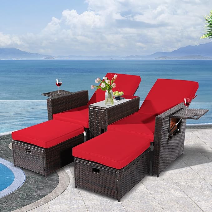 5PCS Outdoor Wicker Chaise Lounge Chair - Rattan Adjustable Reclining Patio Lounge Chair with Ottoman and Coffee Table - Photo 1