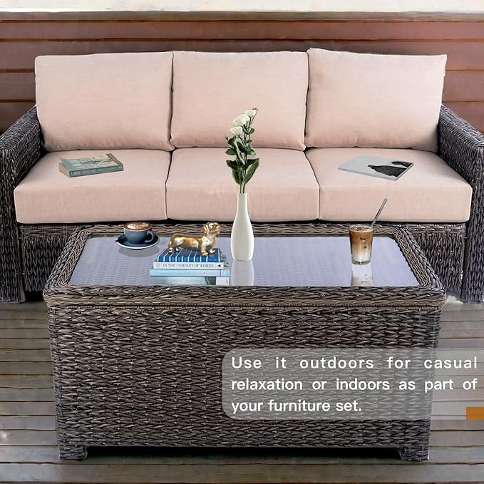 Classic Wicker Patio Coffee Table with Storage, 40'' All-Weather Rattan Outdoor Coffee Tables, Tempered Glass Flip-Top, Waterproof for Porch Backyard, Dark Brown