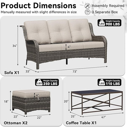 4-Piece Outdoor Couch Set, Includes Wicker Patio Sofa with Thickened Olefin Cushions, High Back and Deep Seating, Hand-Woven PE Rattan and 2 Ottomans, 1 Coffee Table for Porch, Deck