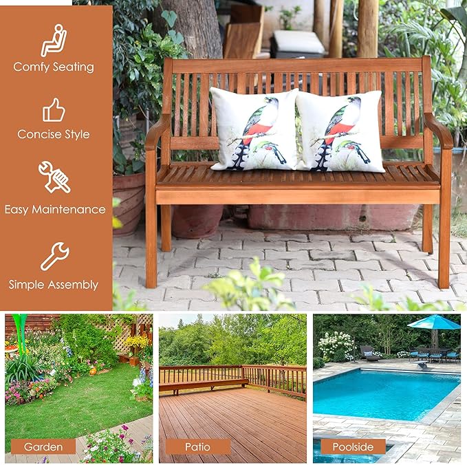 S AFSTAR Patio Garden Bench, 2-Person Loveseat w/Curved Armrest and Backrest, Weight Capacity of 700lbs, Outdoor Wooden Bench for Entry Way Porch Garden