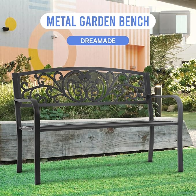 50 Inches Outdoor Garden Bench Cast Iron Metal Frame Patio Park Bench with Floral Pattern Backrest Patio Furniture Chair Outdoor Bench Lawn Yard,Black