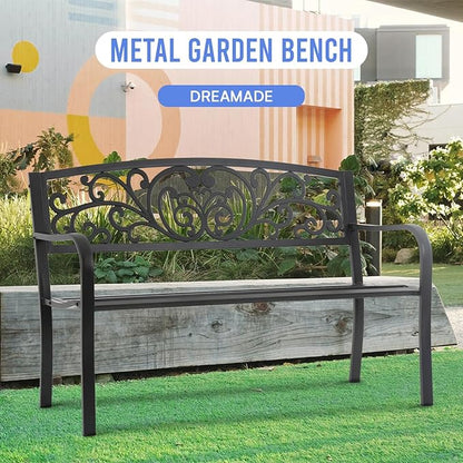 50 Inches Outdoor Garden Bench Cast Iron Metal Frame Patio Park Bench with Floral Pattern Backrest Patio Furniture Chair Outdoor Bench Lawn Yard,Black