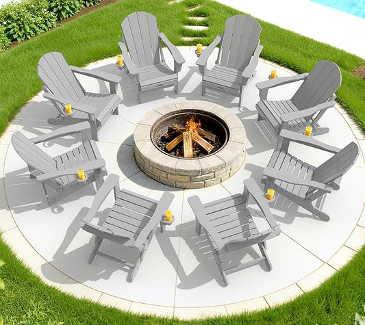 SERWALL Folding Adirondack Chair Set of 8, Weather Resistant Patio Chair with Cup Holder for Patio Garden Outdoors Fire Pit- Spanish Gray