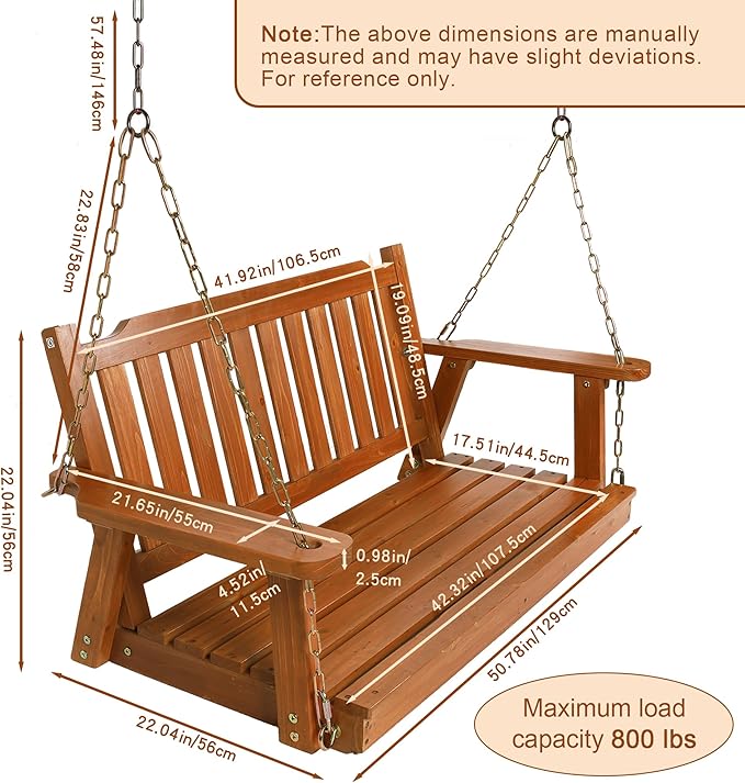 Wooden Porch Swing 2-Seater, Bench Swing with Hanging Chains, Heavy Duty 800 LBS, for Outdoor Patio Garden Yard - Photo 3